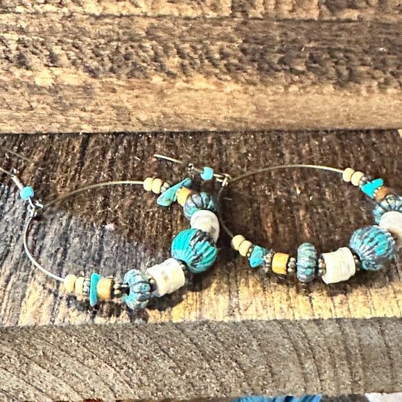 Handmade Western Hippie Copper Wire Turquoise Wooden Beads Drop Earrings, Gift - Picture 6 of 8